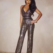 Новинка Роскошные модные Vneck золото бисером украшенные поясом знаменитости вечерние партии боди для женщин комбинезон