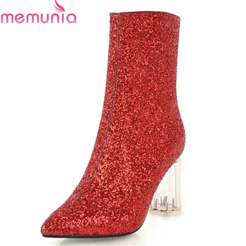

MEMUNIA 2020 top quality sequined cloth ankle boots for women pointed toe autumn winter boots high heels dress shoes woman