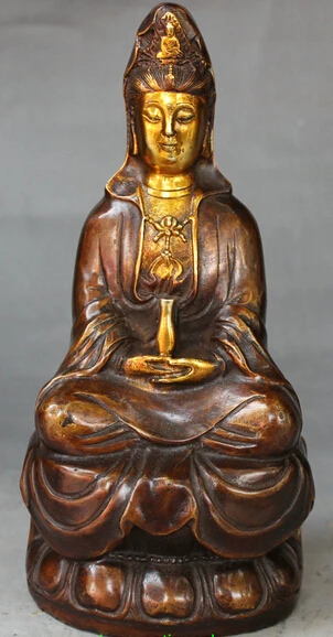 

shitou 002416 8" Chinese Buddhism Bronze Gilt GuanYin Kwan-Yin Goddess Seat Lotus Statue discount 30% (C0324)