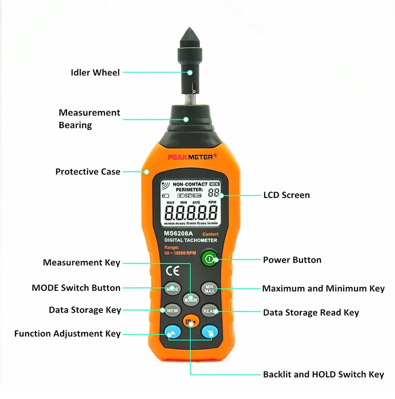 Официальный PEAKMETER PM6208A высокое качество контактного типа цифровой тахометр Высокая производительность 50-19999 ОБ/мин Макс