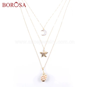 

BOROSA 2PCS Shell Women Necklaces Gold Color Natural White Shell Moon Shells Starfish Conch Pendant Necklace G1680