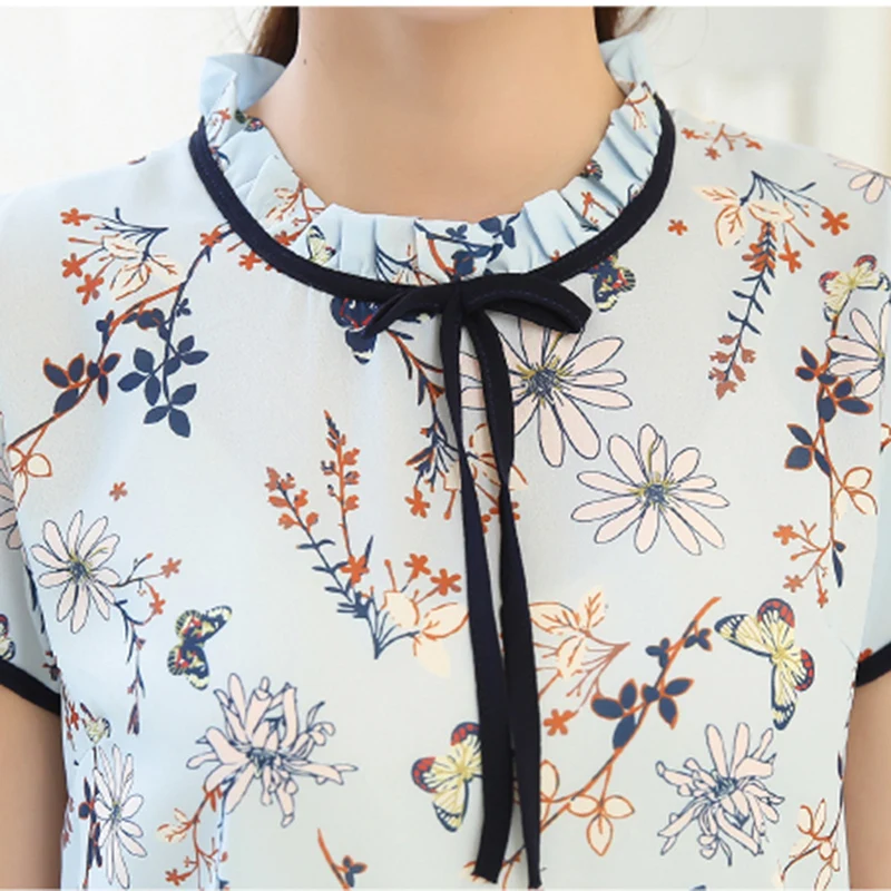 الصيف الأزهار طباعة بلوزة شيفون قصيرة الأكمام البتلة قمصان تكدرت طوق القوس الرقبة قميص المرأة قمم زائد حجم Blusas Femininas
