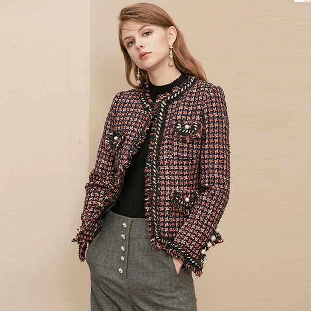 Red Plaid Jacket 2019 Spring/Autumn Women's Jacket Round Collar Fringe Houndstooth Sisters Slim