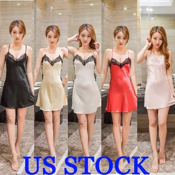 

Summer Women Ladies Satin Silk Lace Backless Sleeveless Solid Color Pajamas Night Dress Nightgown Sleepwear S M L XL