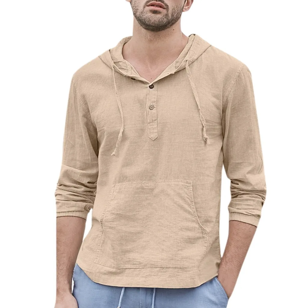 

Retro Hooded Cotton Linen Striped T-shirt Men Vantage Long Sleeve Pocket Button Neck Shirts Summer Clothing Camisetas Hombre 2#