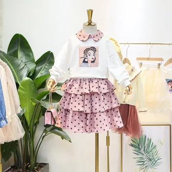 

2019 autumn children's clothing new sweater suit lapel polka dot sweater with cake skirt two-piece