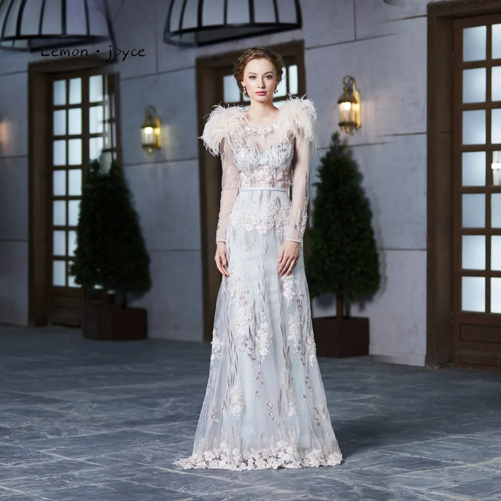 

Lemon joyce Formal Evening Dresses with Long Sleeves Sexy Backless Illusion Floor Length Feathers Party Gowns robe de soiree