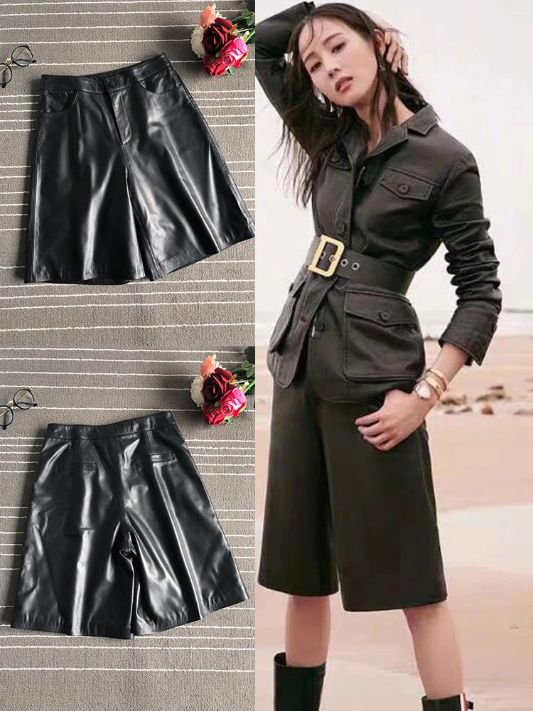 

Women's High quality real leather straight-leg pants 2019 spring autumn sheepskin leather knee length pants A604