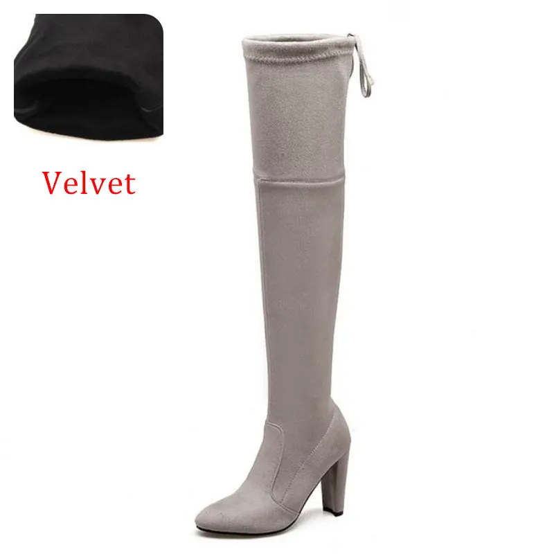 KemeKiss/модные женские сапоги на высоком каблуке размера плюс 33-46, теплая зимняя обувь на меху со шнуровкой, женские облегающие высокие сапоги до бедра, женская обувь - Цвет: light grey velvet