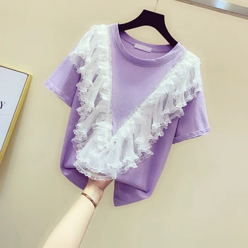 

NANCYLIM Shirts Lady 2019 Summer New Korean Sweet Lace Stitching T-shirt Short Sleeve T Shirts Tees Girl Student Tops Tshirt