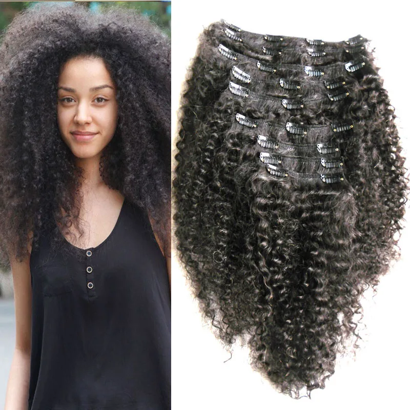 7A 9pcs afro kinky curly clip in hair extensions natural black human clip in hair 100g clip in