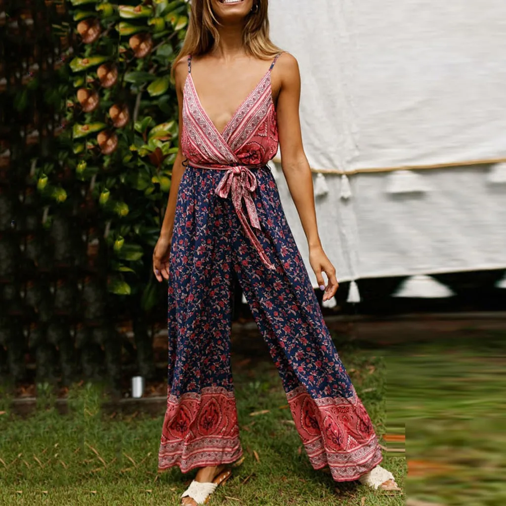 

Feitong Bohemian Womens Jumpsuits Fashion Casual Summer Sleeveless Rompers Sling Strappy V-Neck Loose Print Long Jumpsuit