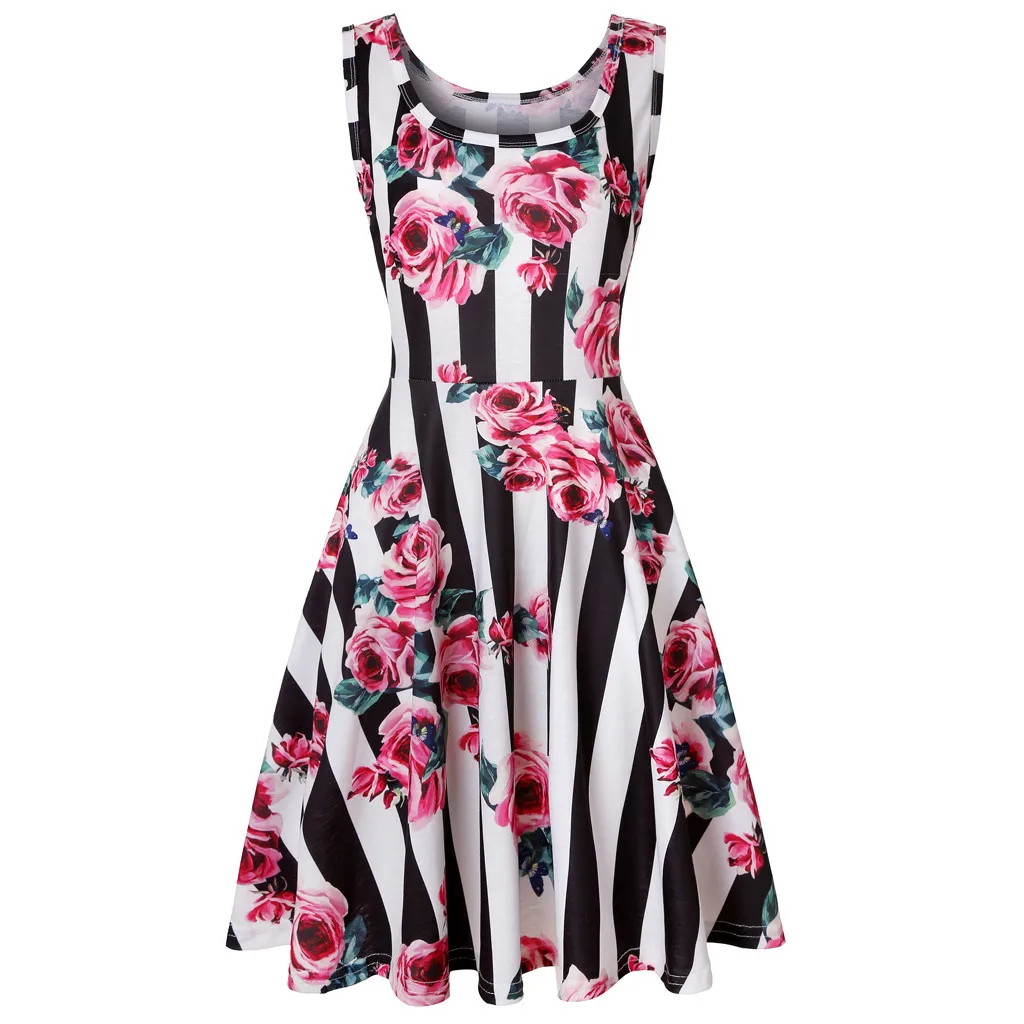 

Elegant Floral Print Swing Dress Women Sleeveless Knee-Length Dress Fashion Ladies Party Summer Dress Vetement Femme 2019