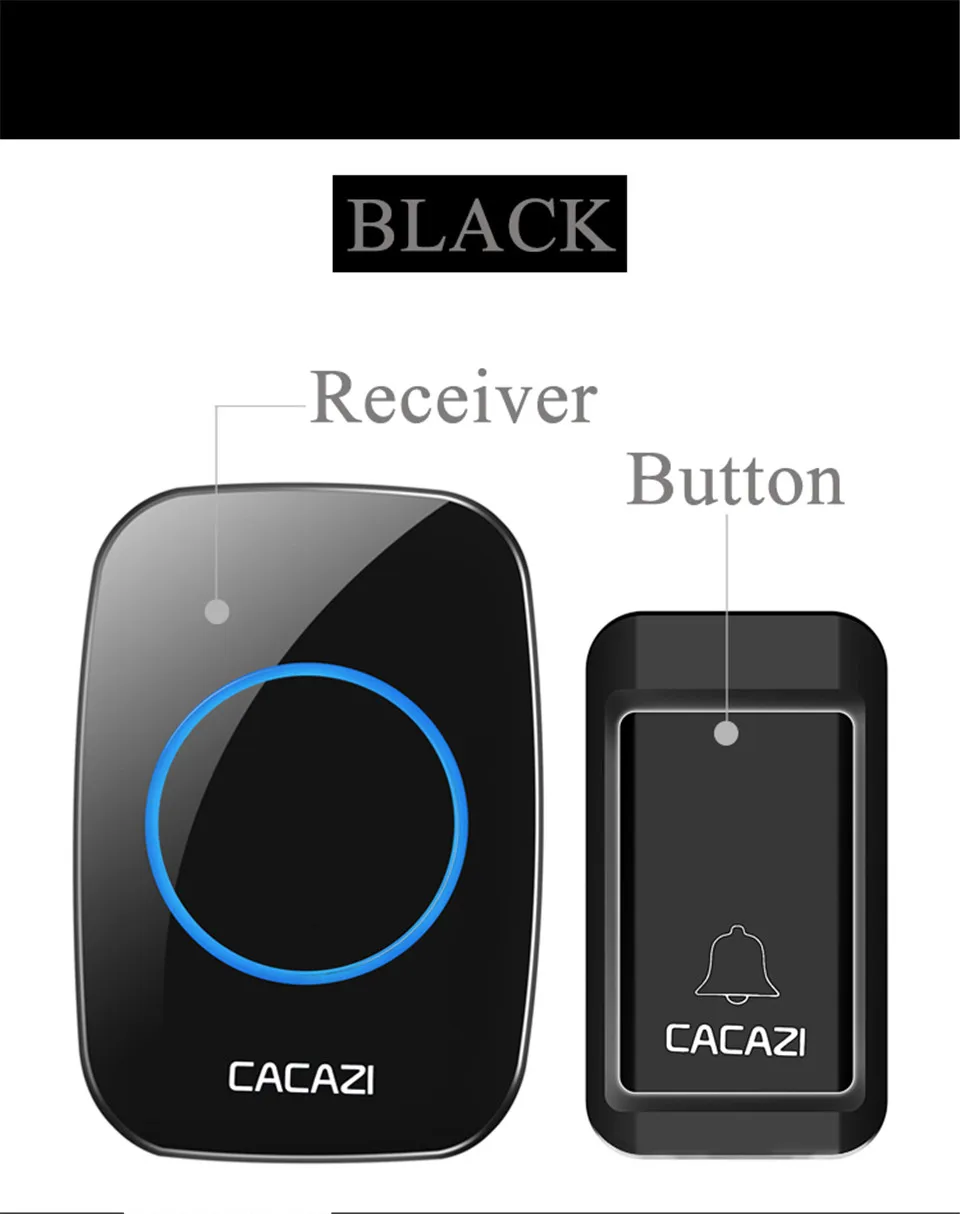 Беспроводной Автономный дверной звонок CACAZI, водонепроницаемый, без батареек, Smart US/EU/UK Plug, 120 м, пульт дистанционного управления, AC, светодиодный, кнопка приемника, 38 колокольчиков