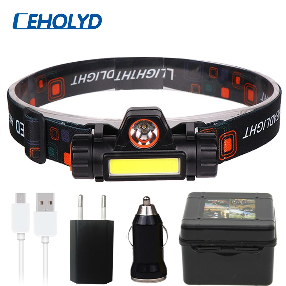 built-in 18650 battery LED headlamp COB work light 2 light mode with magnet Waterproof headlight suit for fishing head lamp