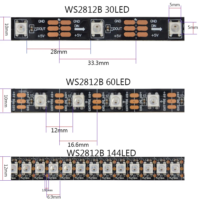 1 м/4 м/5 м WS2812B WS2812 RGB Светодиодная лента, WS2812 индивидуально Адресуемая IC, черный/белый PCB водонепроницаемый класс IP30/IP65/IP67 DC5V