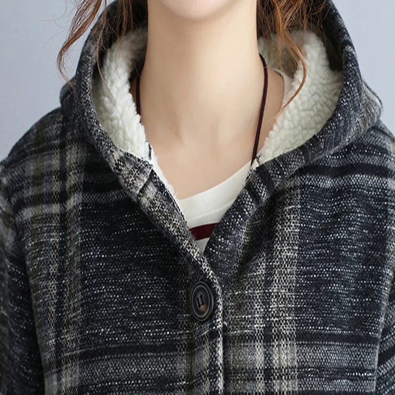 Johnature Women Vintage Hooded Parkas Thick Plaid Warm Winter Coat 2018 New Loose Casual Cloths Pockets Long Sleeve Women Parkas