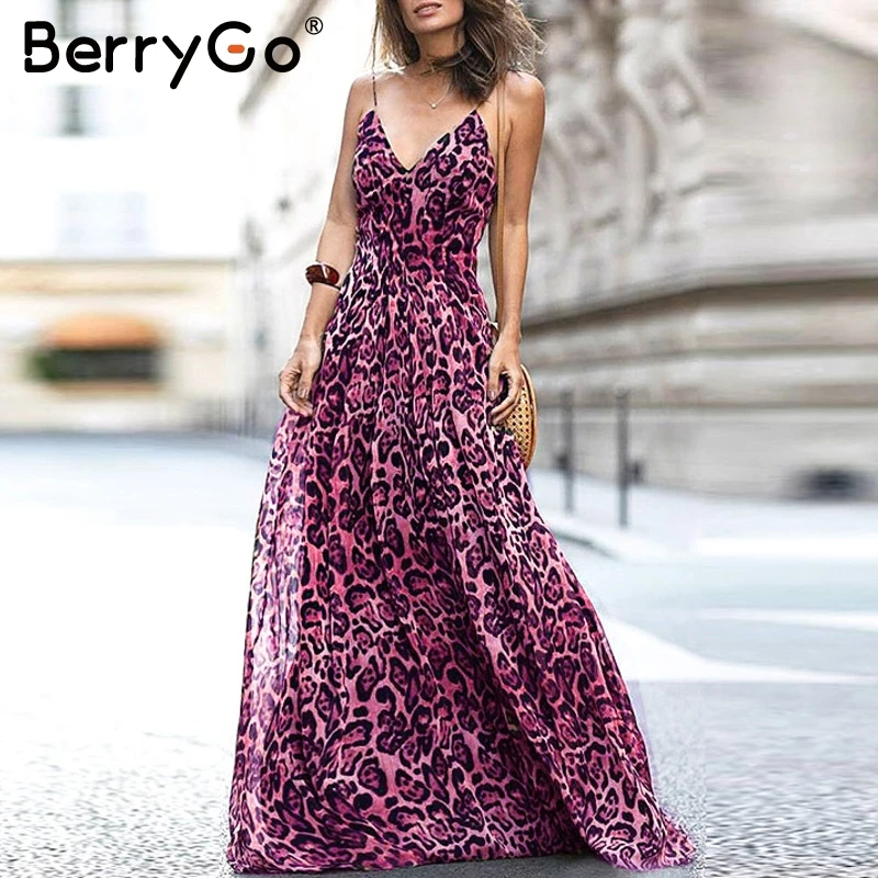 

BerryGo Leopard v neck strap women dress Elegant chiffon backless lining zipper long party dress robe Vintage maxi vestidos 2018