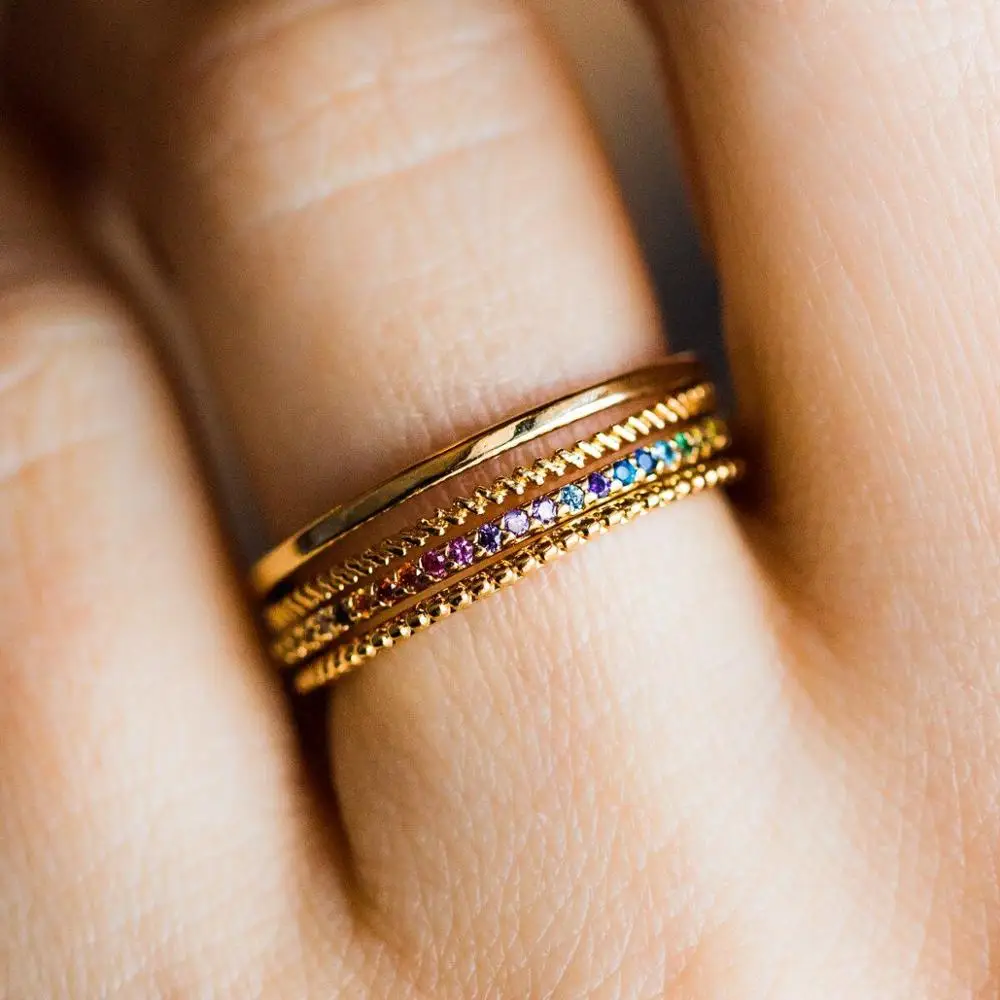 

set of 4 pcs thin delilcate minimal small ring stack stacking plain rainbow cz band ring for women
