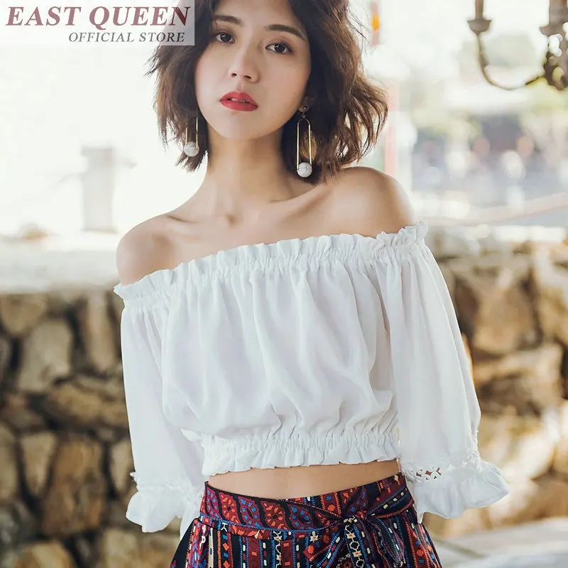 

Богемные летние пляжные блузки с воротником-лодочкой и открытыми плечами, сексуальные женские топы, рубашка с оборками, однотонные рукава-лепестки три четверти DD768 L