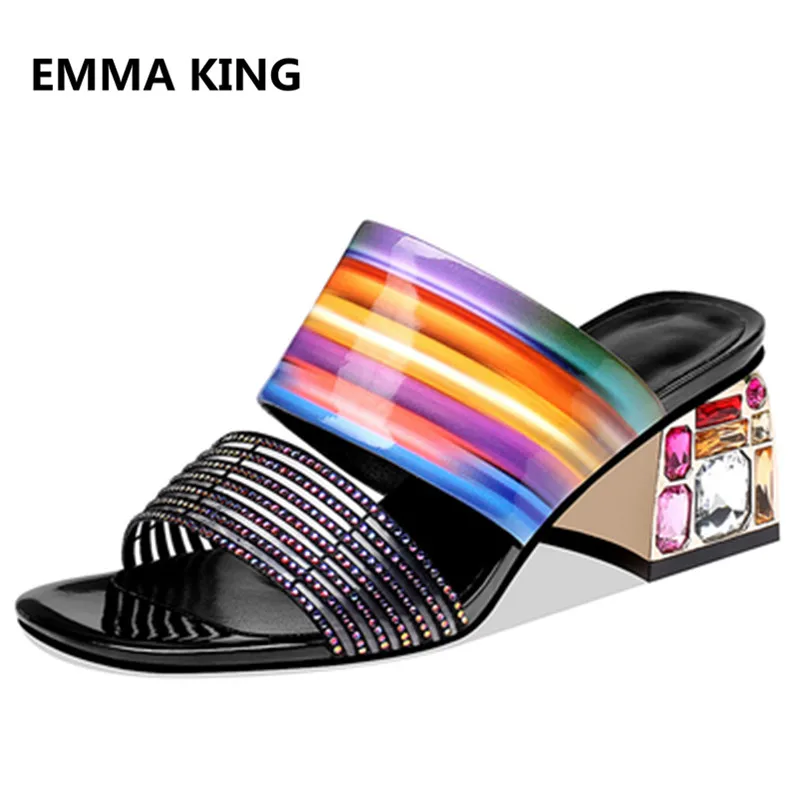 

Street Style Women Slippers Open Toe Crystal Studded Sadandals Ladies Summer Runway Mules Shoes Woman Sexy High Heels Slippers