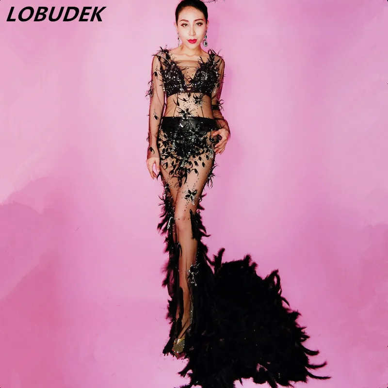 

Black Feathers Mesh Fishtail Dress Sexy Perspective Crystal Long Dress Female Star Party Celebration Costume Model Catwalk Dress
