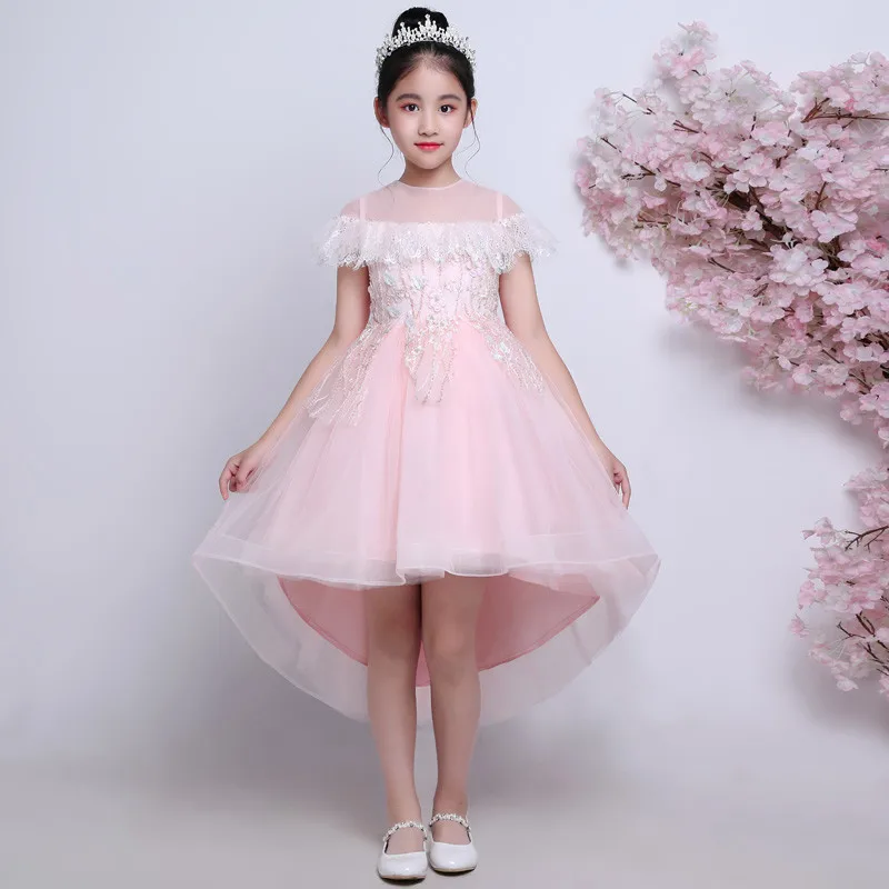 

2019Spring Summer New Children Girls Beautiful Pink Color Birthday Wedding Party Prom Lace Dress Baby Kids Piano Pageant Dress