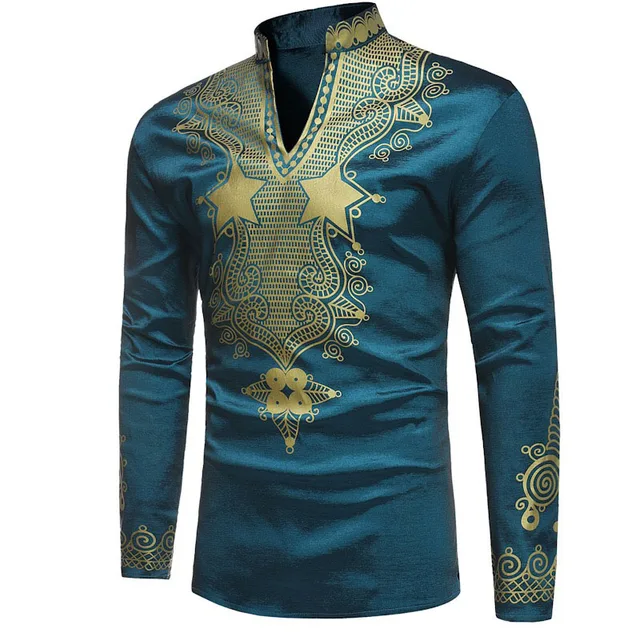 Adult Men African Fashion Costume Green Shirt Long Sleeves Peak Neck