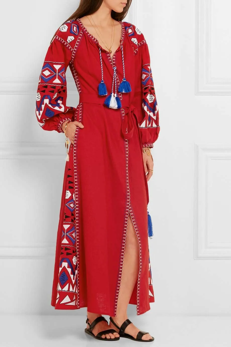 Negash/Брендовое Платье макси с вышивкой из хлопка и льна; осеннее украинское модное богемное платье с кисточками; vestidos femininos размера плюс