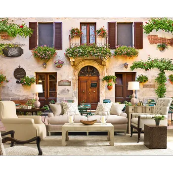 

Street Cafe Photo Wall Mural Living Room Bedroom Home Decor Wall Papers 3D Window Behang Self Adhesive Vinyl / Silk Wallpaper