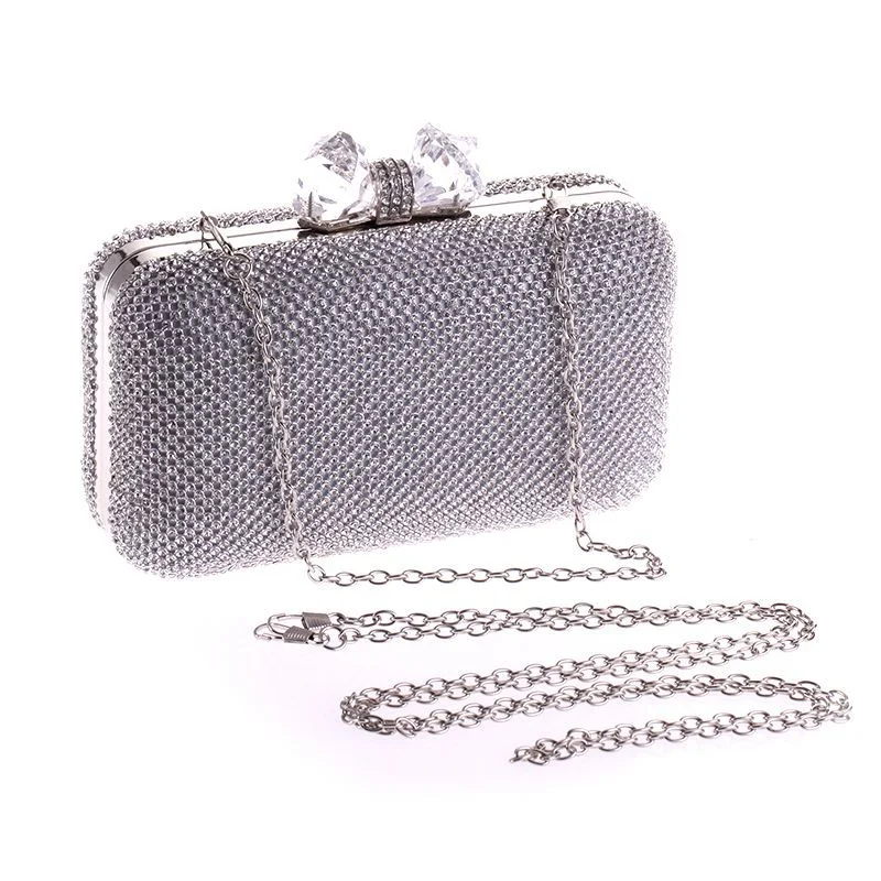 

Fashion Crystal Women's Evening Clutch Party Flap Silver Tone Metal Frame Handbag Casual Shoulder Bag Crossbody Messenger Hasp