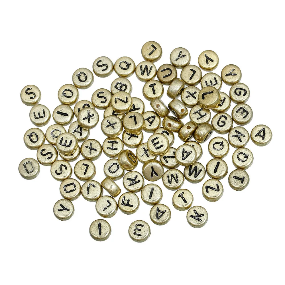 

hot-400Pcs Mixed Randomly Alphabet/Letter Acrylic Flat Round Spacer Beads gold color 6mm crafts