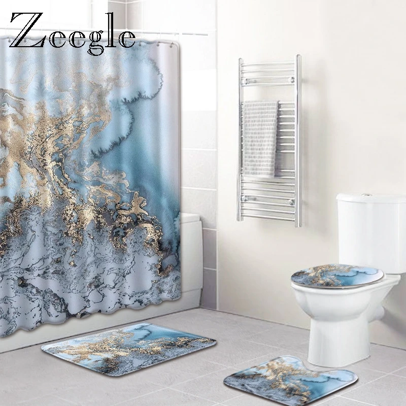 Preise Zeegle Marmor Muster Bad Matte mit Dusche Vorhang Set Weiche Sockel Teppich Deckel Wc Abdeckung Wasserdicht Dusch Vorhang mit Haken