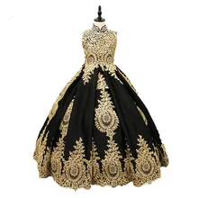 Роскошные платья с цветочным узором для девочек без рукавов для свадьбы, Золотое платье с аппликацией из кружева атласный детский вечерний наряд для девочек, платья для первого причастия