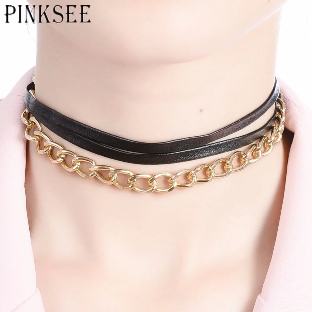 PINKSEE Chokers Necklace Women 2017 Popular Gothic Black Leather Necklaces Alloy Chain Charm Jewelry bijouterie | Украшения и
