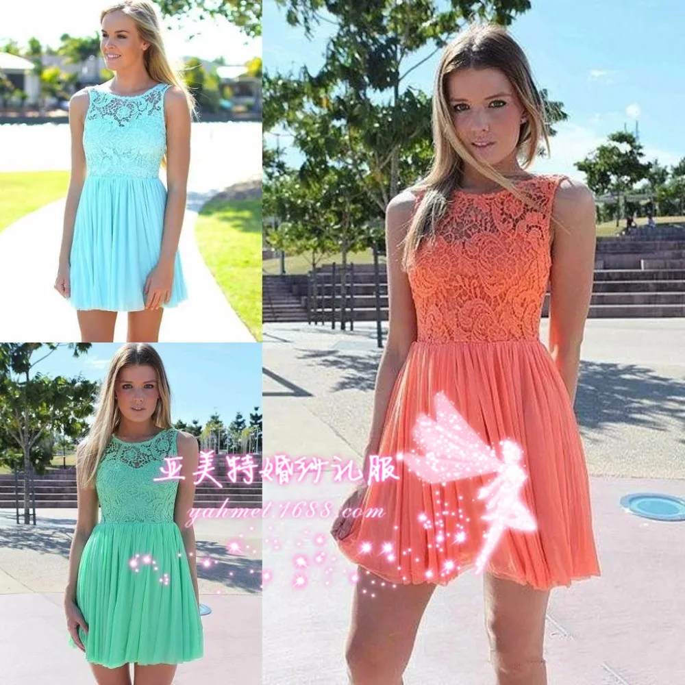 Turquoise Bridesmaid Dresses Coral Blue Chiffon Short Pleated
