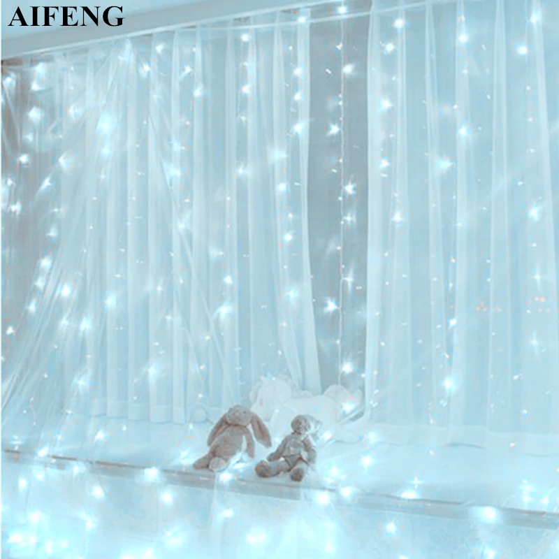 AIFENG Led Curtain Light 3Mx3M 300Leds Garland USB Powered Fairy Light Silver Copper Wire Xmas Curtain Light Wedding Party Decor