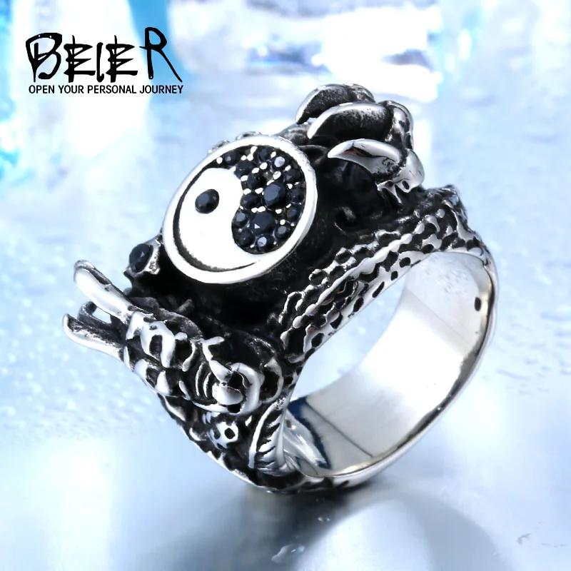 BEIER Personality Stainless Steel CZ Gothic Dragon Animal Ring Exggerated Jewelry Taiji Yinyang Bauag US Size BR8-173