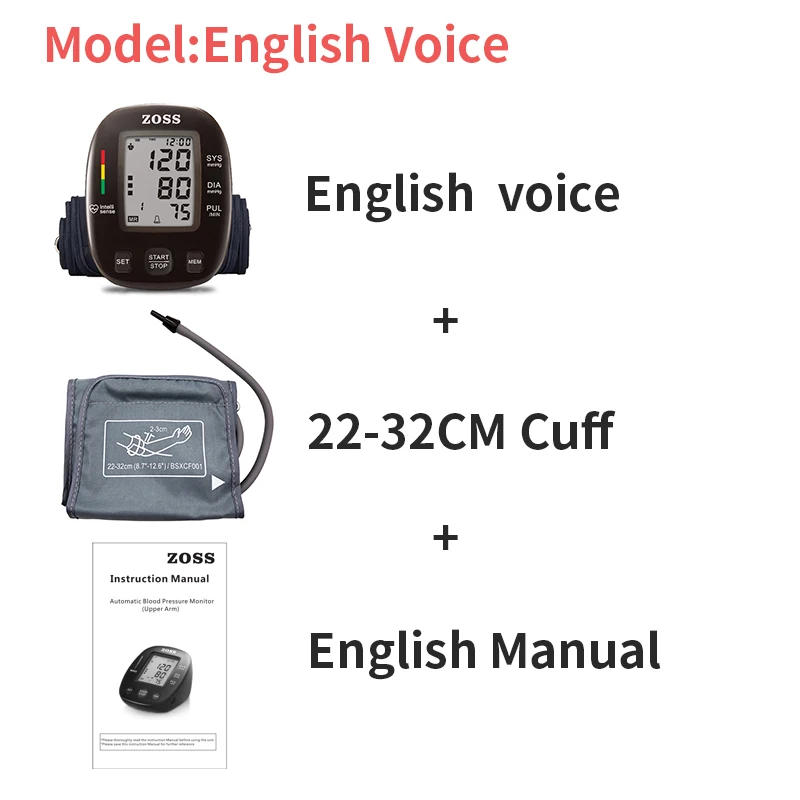 ZOSS английский или Русский Голос три цвета подсветка ЖК верхний монитор артериального давления на руку пульсометр - Цвет: English voice