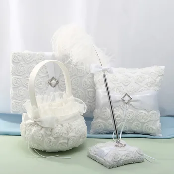

White Rose Collection Set in Lace With Ribbons Rhinestones (Set of 4 ) Wedding Guestbook Ring Pillow Pen Set and Flower Basket