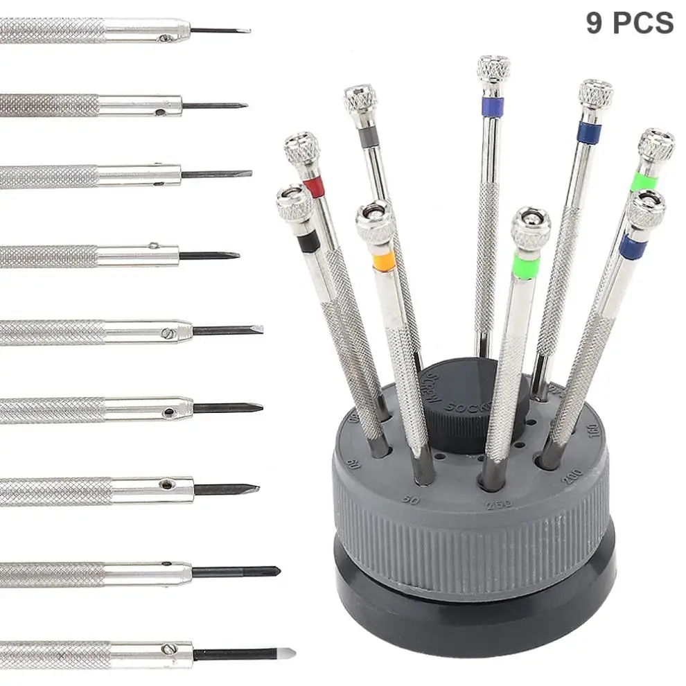 9pcs/lot 0.6mm-2.0mm Pure Steel Screwdriver with Slotted and Philips Screw Head for Watch / Glasses Repair