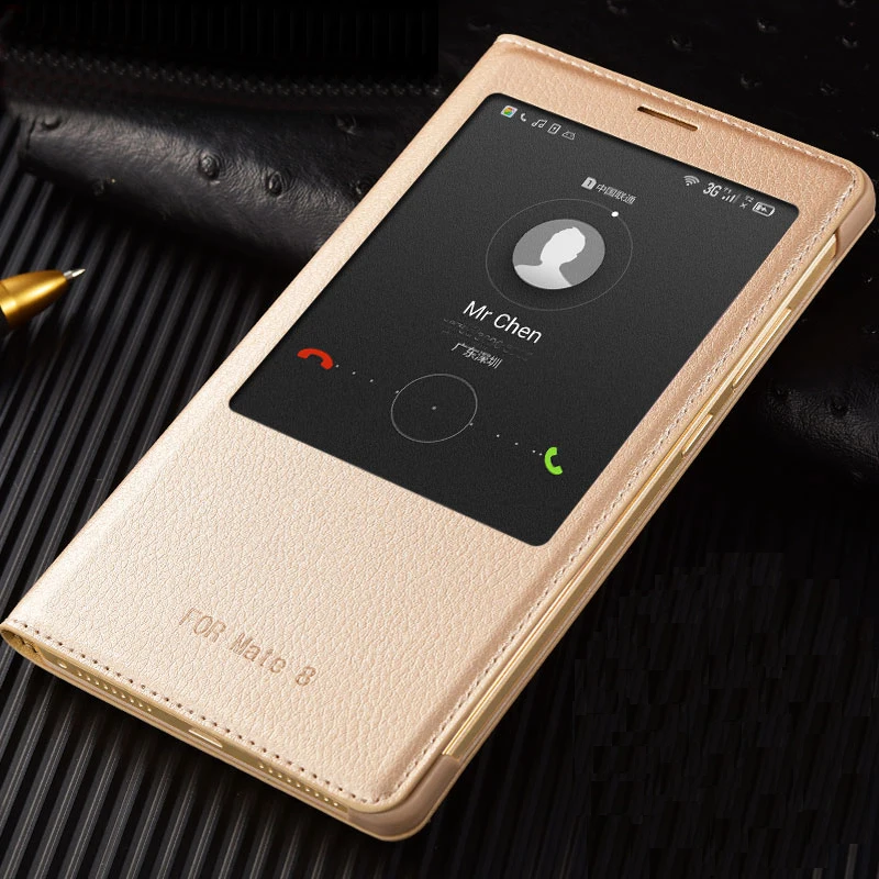 

CAPSSICUM Mate8 Smart PU Leather Case for HUAWEI Mate 8 Flip Cover View Window Auto Sleep Wake Hard Shockproof Machine Sewing