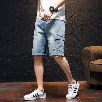

Mens Summer Denim Shorts Men's Fashion Straight Loose Knee Length Short Jeans Men's Cotton Hip Hop Tooling Style Denim Shorts