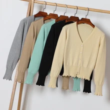 Sisjuly Женщины Повседневная Укороченный Кардиган Свитер Осень Тонкий Тонкий Рябить Отделка Вязаные Крючком Короткий Свитер Женский Топ Кардиганы