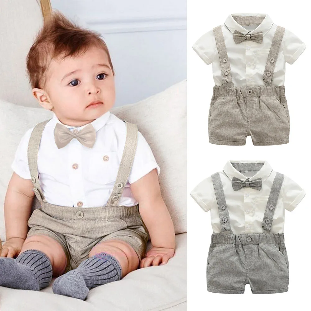 Toddler Baby Boy Gentleman Suits Short Sleeve Shirt Suspender Shorts Outfit Set New arrival 2019