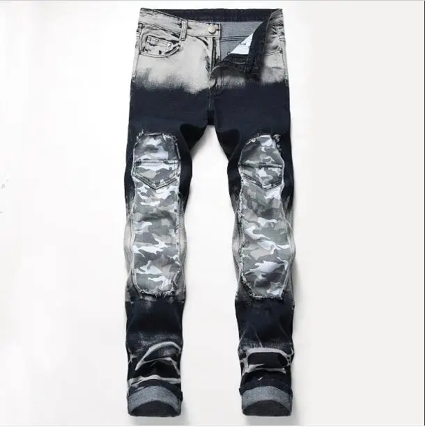 

High quality 2019 Fashion men's Ripped patchwork patches adorn retro stretch jeans High Street Hip hop Punk Style Cowboy Pants
