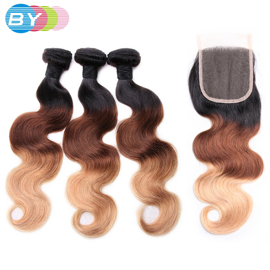 BY Pre-Colored Non-remy Human Hair Weave #T1B/4/27 3 Bundles Brazilian Body Wave With 4x4 Lace Closure Free Shipping brazilian-body-wave-hair-with-closure