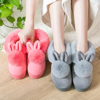 

Women Indoor Slippers Lovely Rabbit Ears Faux Fur Floor Flat Shoes Woman Winter Plush Warm Home Slippers Female Slip On Shoes