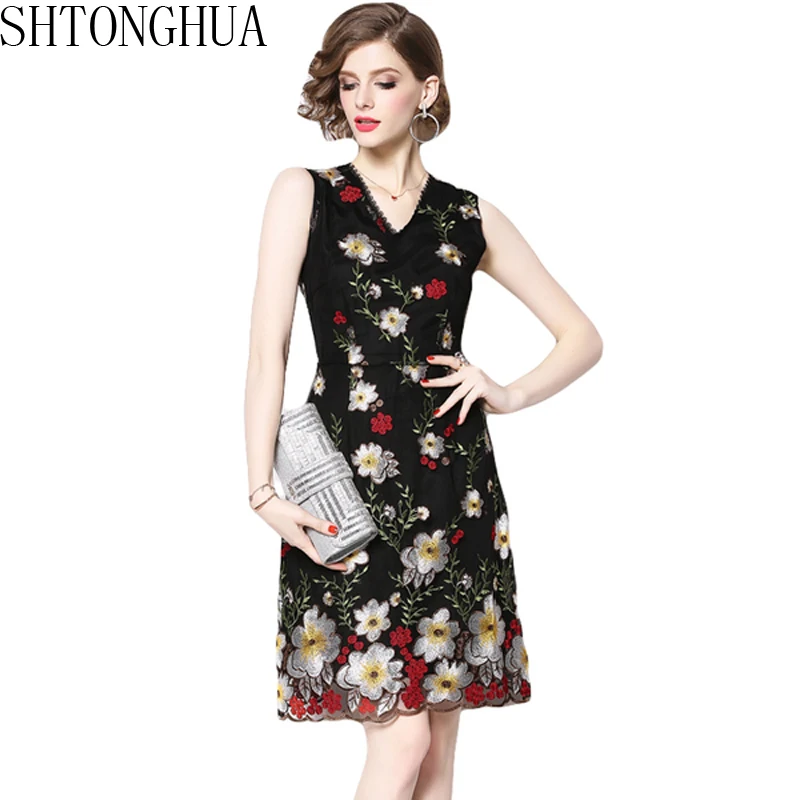 SHTONGHUA роскошные новые летние сетчатые вечерние платья с вышивкой Модные женские без рукавов Цветочные платья до колена сексуальные платья с v-образным вырезом