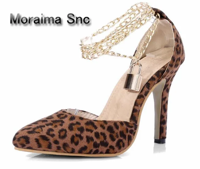 Moraima Snc brand Leopard pumps ankle strap gold chain pointed toe
